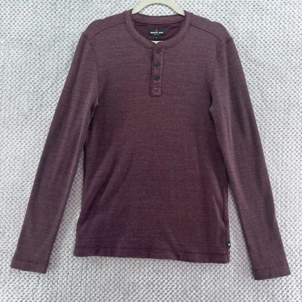 American Giant Thermal Henley Sweater Mens S Burgundy Rib Knit Top Crew Neck USA